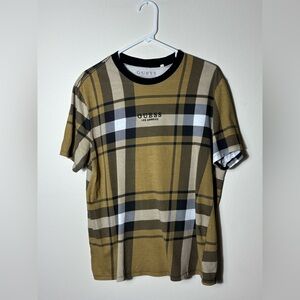 GUESS Plaid Logo Men's T-Shirt M Brown Black White Short Sleeve Embroidered
